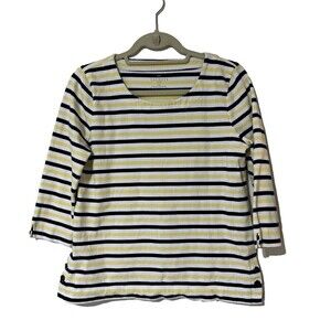 Talbots Womens White Yellow Black Striped 3/4 Sleeve Knit Top Size MP